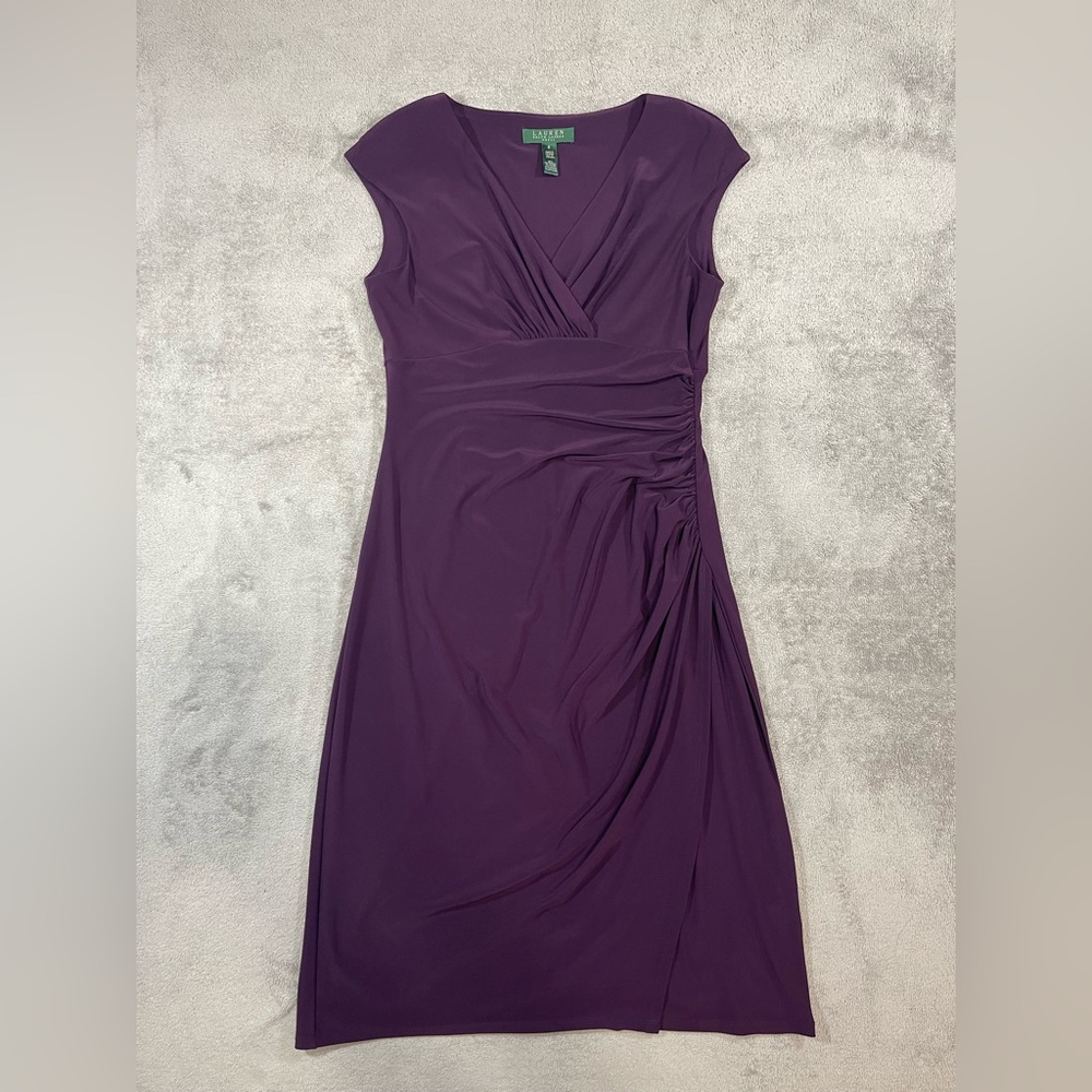 Lauren Ralph Lauren Purple Sheath Dress Ruched Knee Length Cap Sleeve Size 6